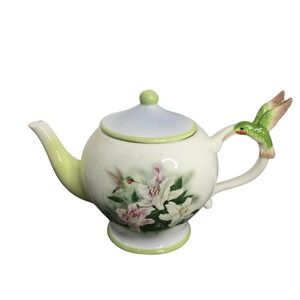 Teleflora Lena Liu Teapot & Lid Hummingbird & Lilies 1980's  2 Cup Capacity‎ Vtg